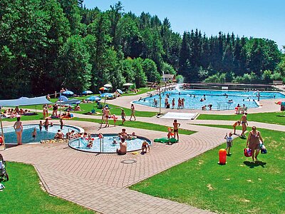 Badebetrieb im Wald- und Naturschwimmbad in Schwarzach mit Kinderbecken und Liegewiese.